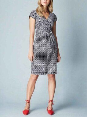 Boden Navy & White Geometric Print Faux-Wrap Jersey Dress Size 10L 39722